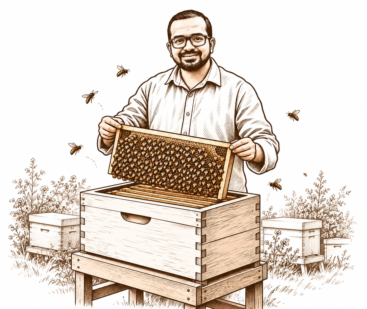 Honeybee hive with beekeeper
