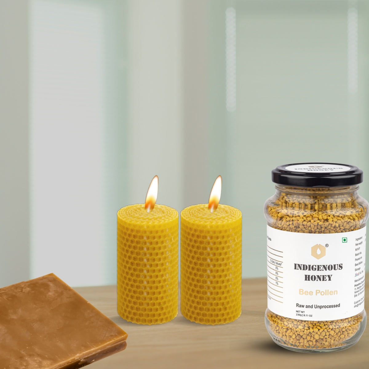 Pure beeswax Unscented candle and Natural bee pollen
