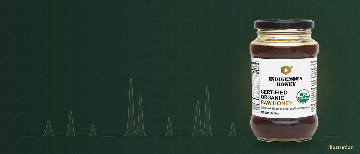 Indigenous Honey Certified Organic Raw Honey jar on a dark green background with honeycomb lines