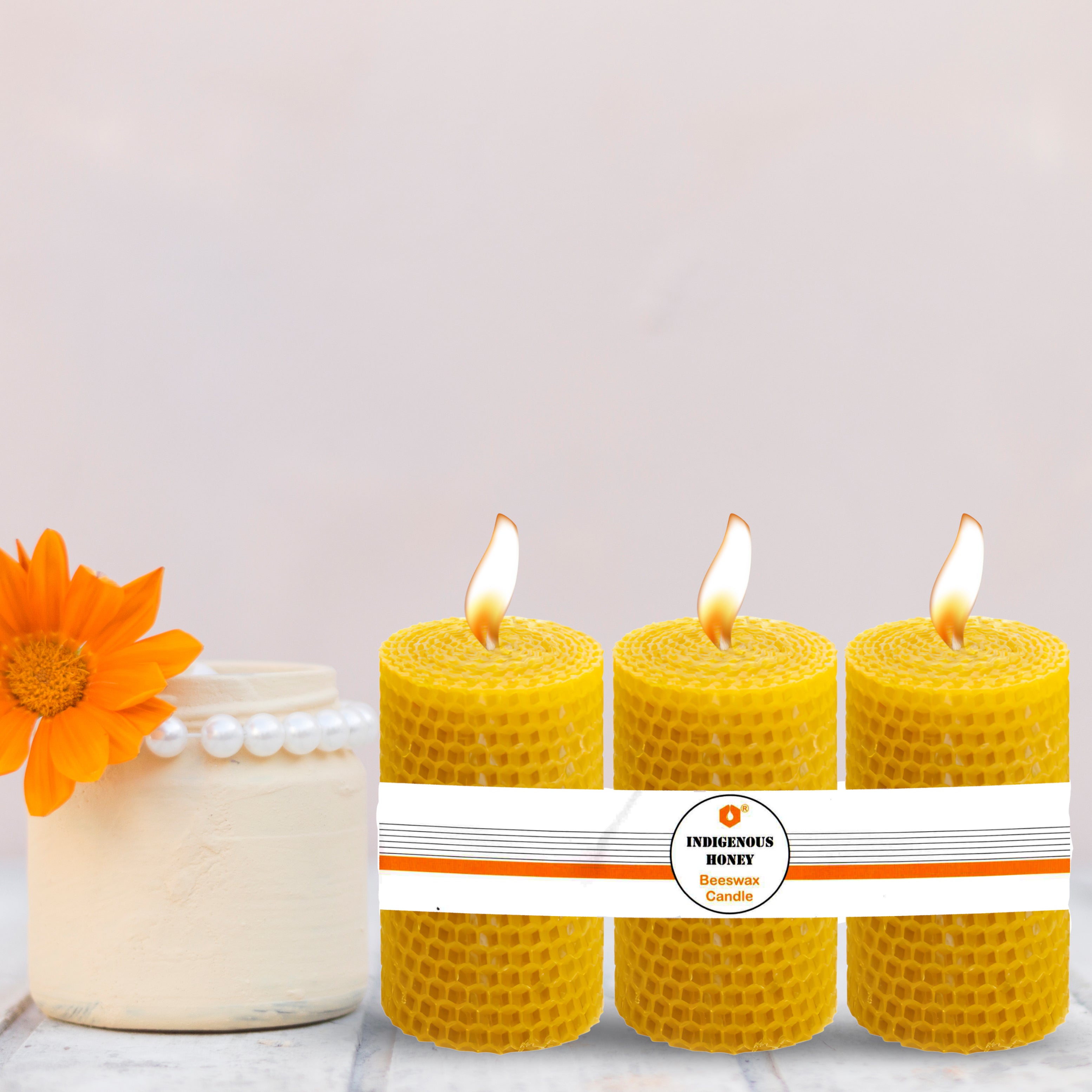  INDIGENOUS HONEY Beeswax Candles Pillar Pure Handmade Organic  Naturally Honey Scented 5 Hours Burn time 1 Wick 3.5 inch (Pack of 3) :  居家與廚房